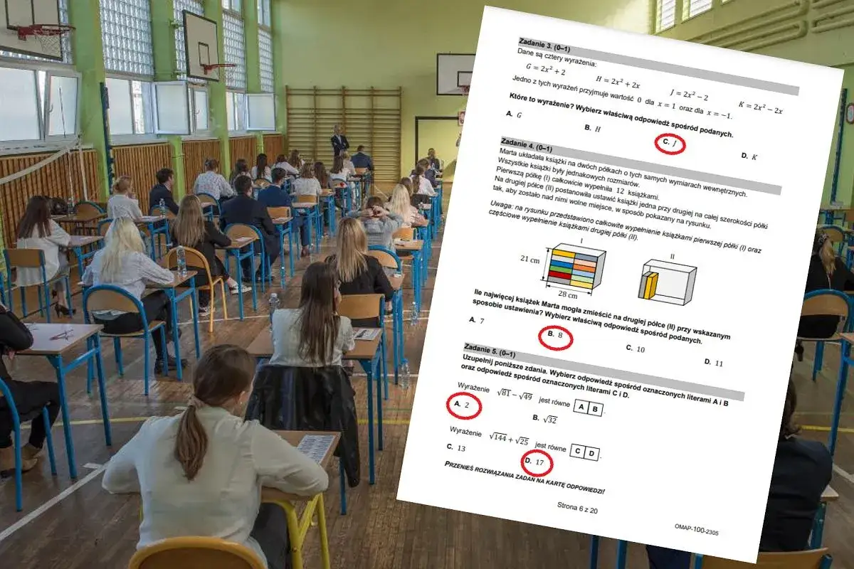 Uczniowie piszą egzamin z matematyki ósmoklasisty. Na zdjęciu widać salę gimnastyczną z ławkami i uczniami, a także fragment arkusza egzaminacyjnego. Ile trwa egzamin z matematyki ósmoklasisty?