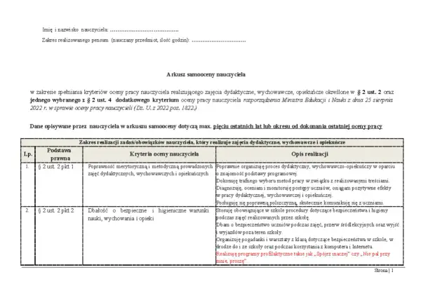 Arkusz samooceny nauczyciela dyplomowanego: przykładowa ocena pracy nauczyciela zawiera kryteria i opis realizacji zadań dydaktycznych, wychowawczych i opiekuńczych.