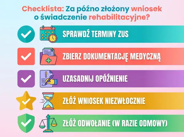 Checklista: Sprawdź terminy ZUS, zbierz dokumentację, uzasadnij opóźnienie, złóż wniosek lub odwołanie. Uniknij problemów z za późno złożonym wnioskiem o świadczenie rehabilitacyjne.