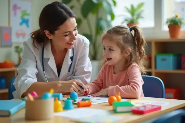 Uśmiechnięta terapeutka pedagogiczna wspiera małą dziewczynkę w zabawie i nauce przy stoliku pełnym kolorowych materiałów.