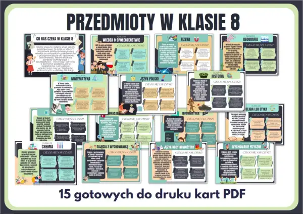 Przedmioty klasa 8: matematyka, język polski, fizyka, historia, geografia, biologia, chemia, WOS, informatyka, wychowanie fizyczne.