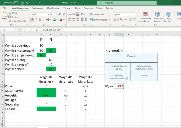 Arkusz kalkulacyjny Excel do obliczania punktacji do liceum. Wyniki z przedmiotów i wagi dla kierunków.