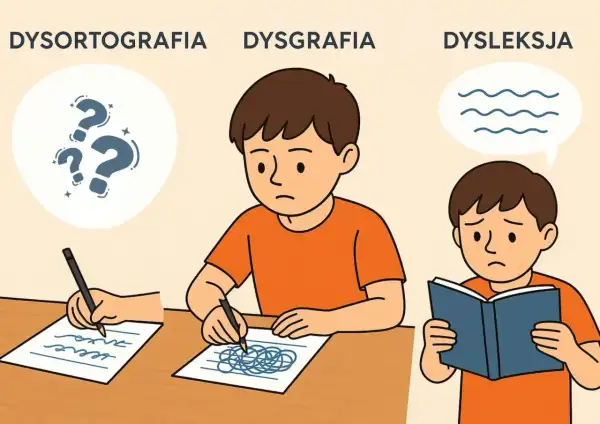 Chłopiec z dysleksją ma trudności z czytaniem, podczas gdy inny zmaga się z pisaniem.