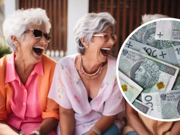 Uśmiechnięte seniorki cieszą się życiem, a obok nich polskie banknoty symbolizujące dobre emerytury dla nauczycieli.