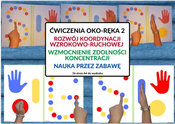Dzieci ćwiczą koordynację wzrokowo-ruchową, dotykając palcami kolorowych kółek na planszach.