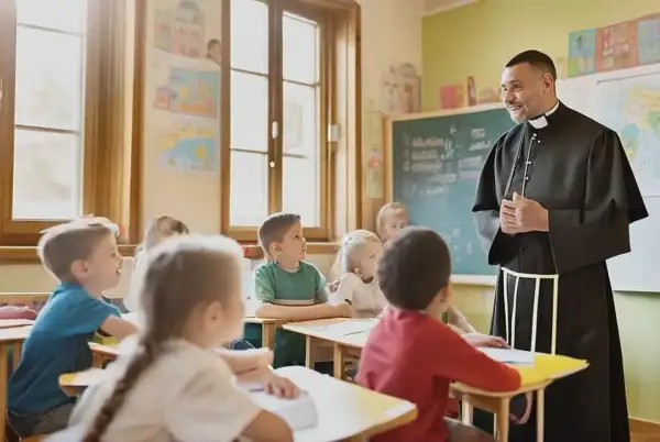 Ksiądz prowadzi lekcję religii w szkole. Dzieci uważnie słuchają, siedząc w ławkach.