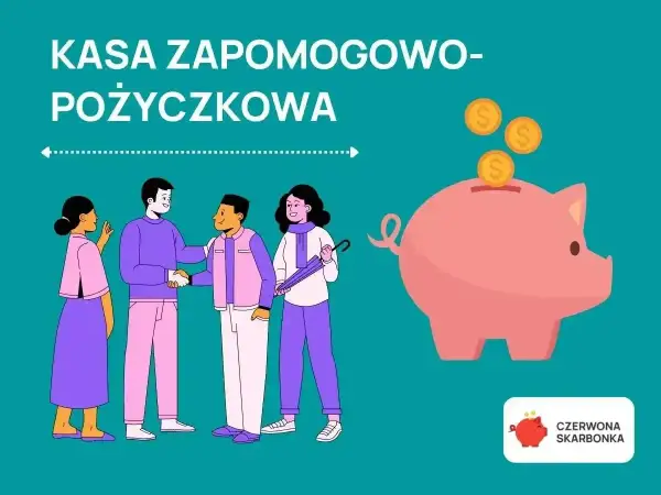 Kasa zapomogowo pożyczkowa: ludzie zawierają umowę, a obok różowa świnka-skarbonka przyjmuje monety.