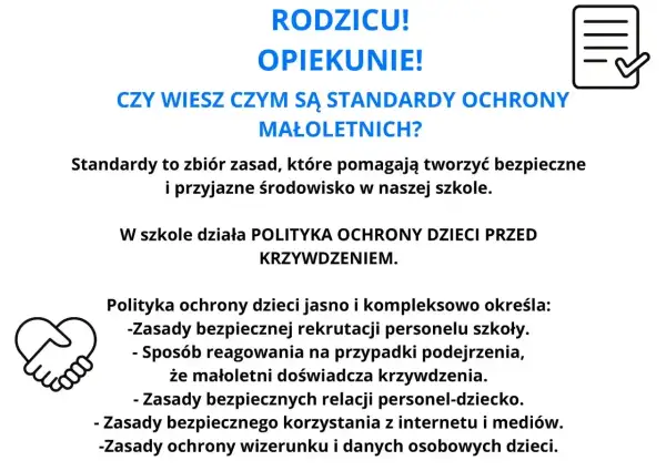 Rodzicu, opiekunie! Czy wiesz, czym są **standardy ochrony małoletnich**? To zasady tworzące bezpieczne środowisko w szkole, chroniące dzieci przed krzywdzeniem.