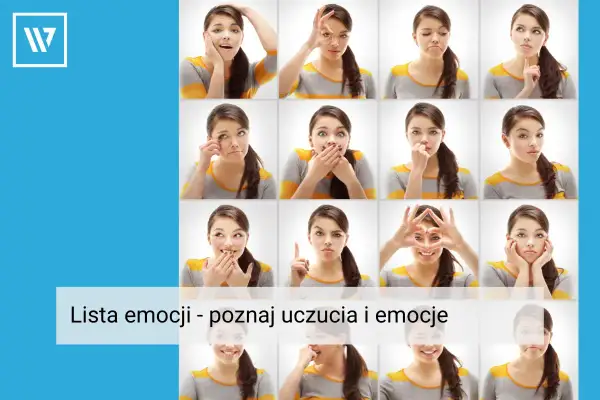 Siatka zdjęć młodej kobiety wyrażającej różne uczucia i emocje: radość, smutek, zaskoczenie, złość.