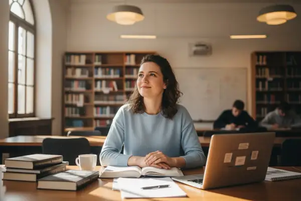Kobieta uczy się do przygotowania pedagogicznego online w bibliotece. Na biurku książki, laptop i kubek kawy.