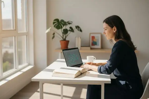 Kobieta pracuje przy laptopie, studiując materiały. Zastanawia się, ile trwają studia podyplomowe, szukając odpowiedzi w sieci.
