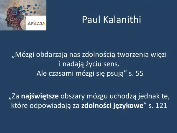 Grafika z zębatkami w głowie, symbolizująca mózg, i cytaty o jego działaniu. W tle logo "Afazja", nawiązujące do problemów z mową, jak afazja motoryczna.