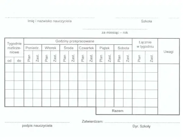 Formularz do rozliczania pensum nauczyciela, z podziałem na dni tygodnia i godziny pracy (planowane i zastępstwa).