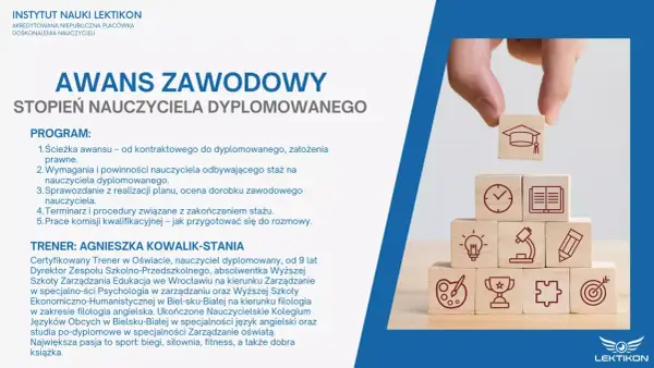 Awans zawodowy nauczyciela dyplomowanego: wymagania po staremu, program i trenerka. Klocki symbolizują ścieżkę kariery.