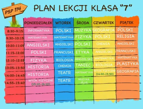 Plan lekcji klasy 7: informatyka, matematyka, angielski, polski, fizyka, historia, wychowanie fizyczne, muzyka, religia, geografia, plastyka, etyka, taniec, chemia, biologia, francuski.