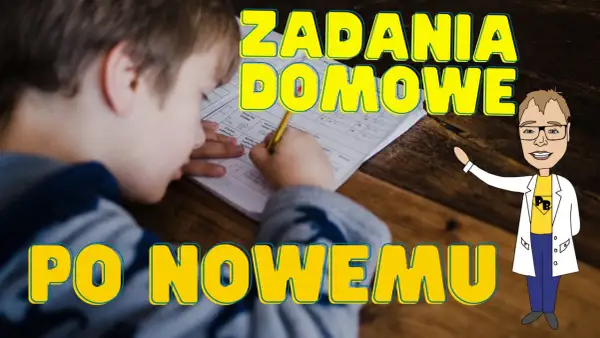 Chłopiec pisze zadania domowe. Obok rysunkowa postać w białym kitlu zachęca do nauki po nowemu.