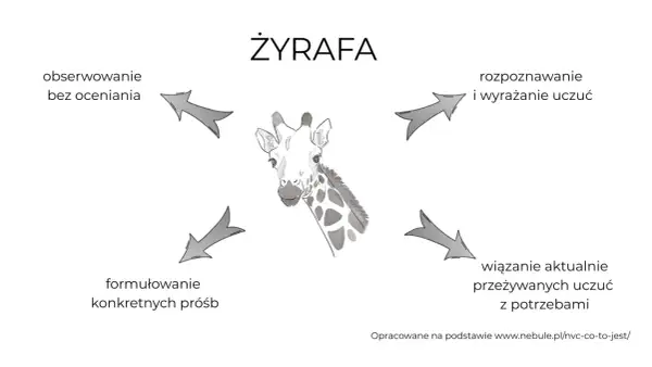 Grafika ilustruje "język żyrafy": obserwowanie, rozpoznawanie uczuć, wiązanie ich z potrzebami i formułowanie próśb.